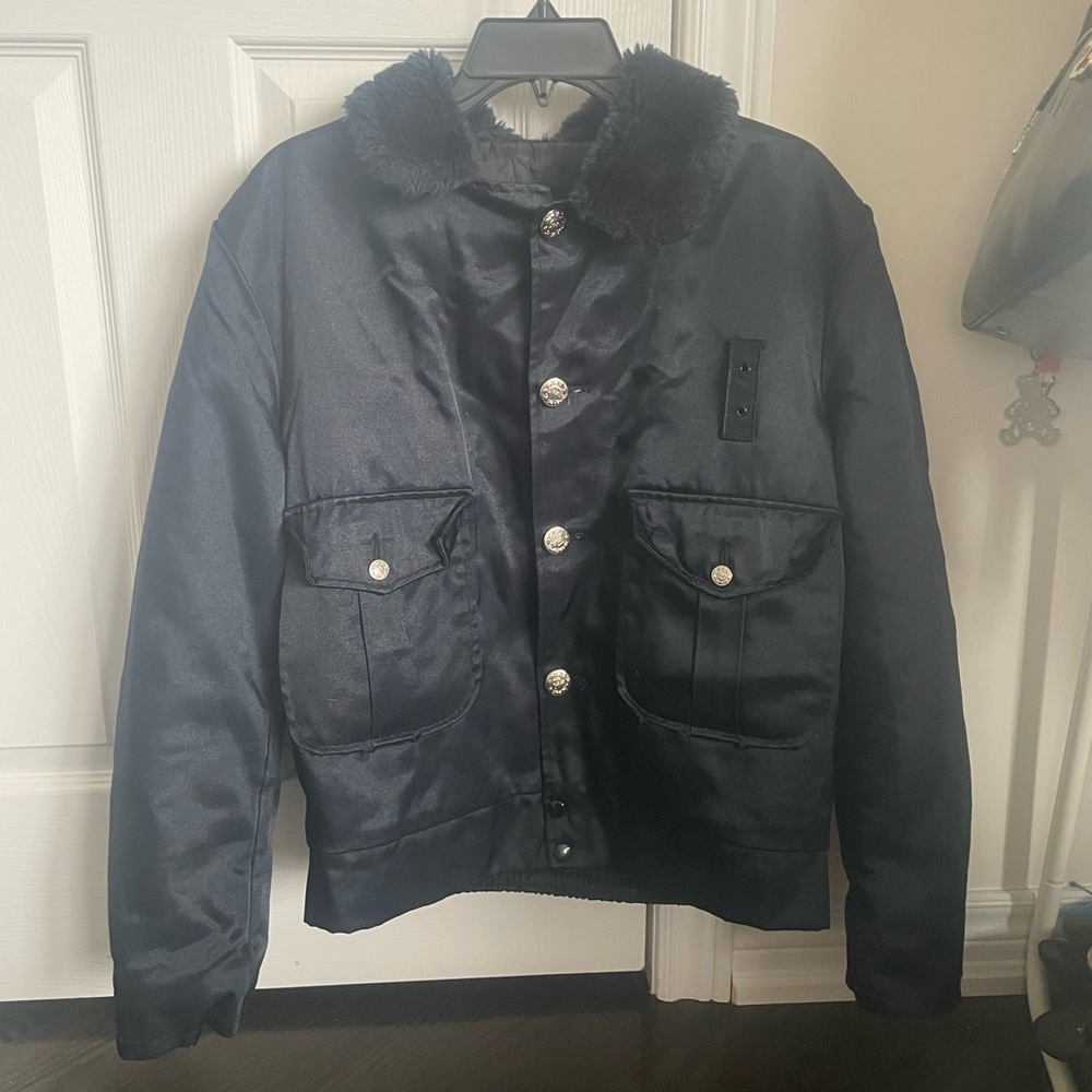 Vintage Navy Military-style Jacket with Fur Collar